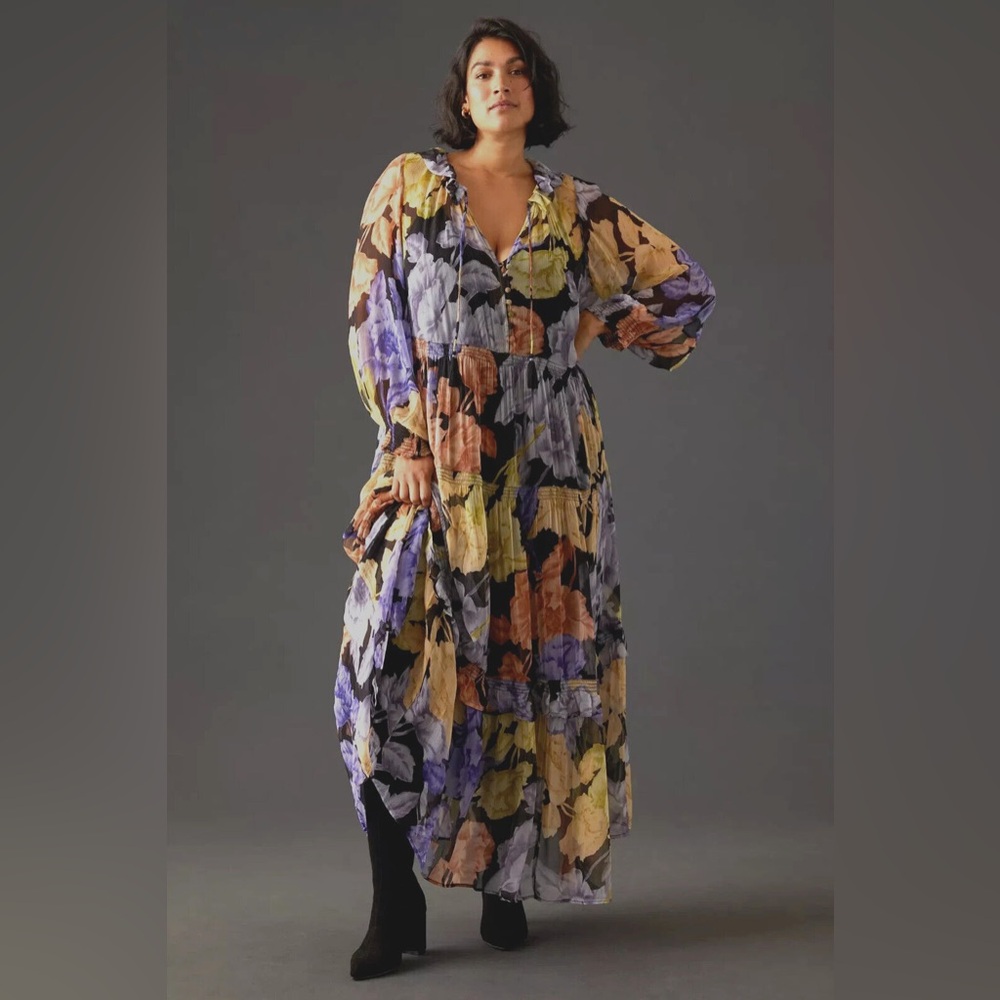 Anthropologie Floral Maxi Dress in Purple, Yellow, Black, Peach